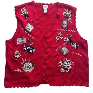 Vintage Koret Red Floral Embroidered Grannycore Cottagecore Sweater Vest 2XL